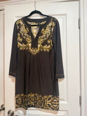 BCBG Max Azria Printed Shift Dress Medium Long Sleeve Baroque Brown Gold